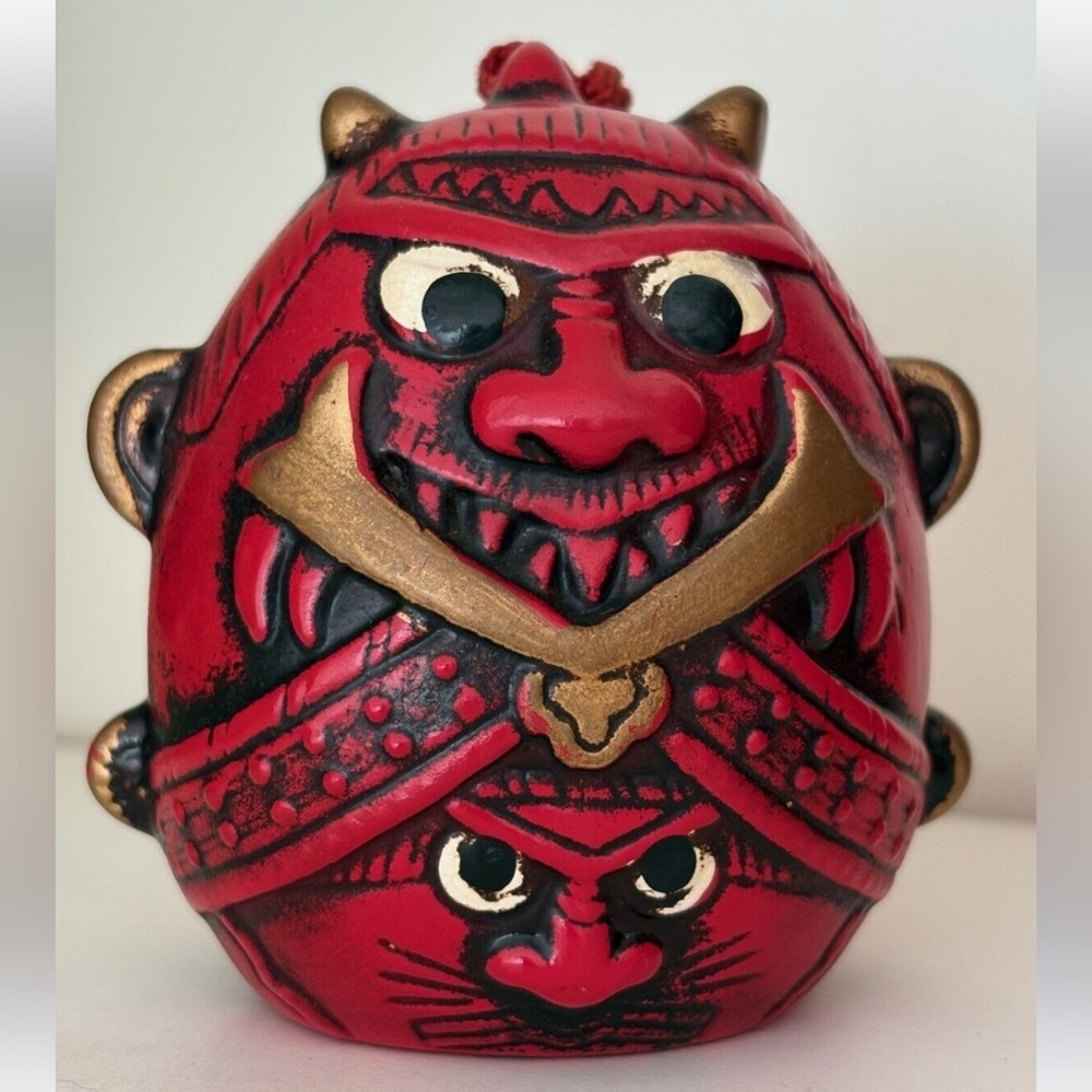 Japanese Dorei Or Clay Bell Double Head Oni + Samurai Warrior